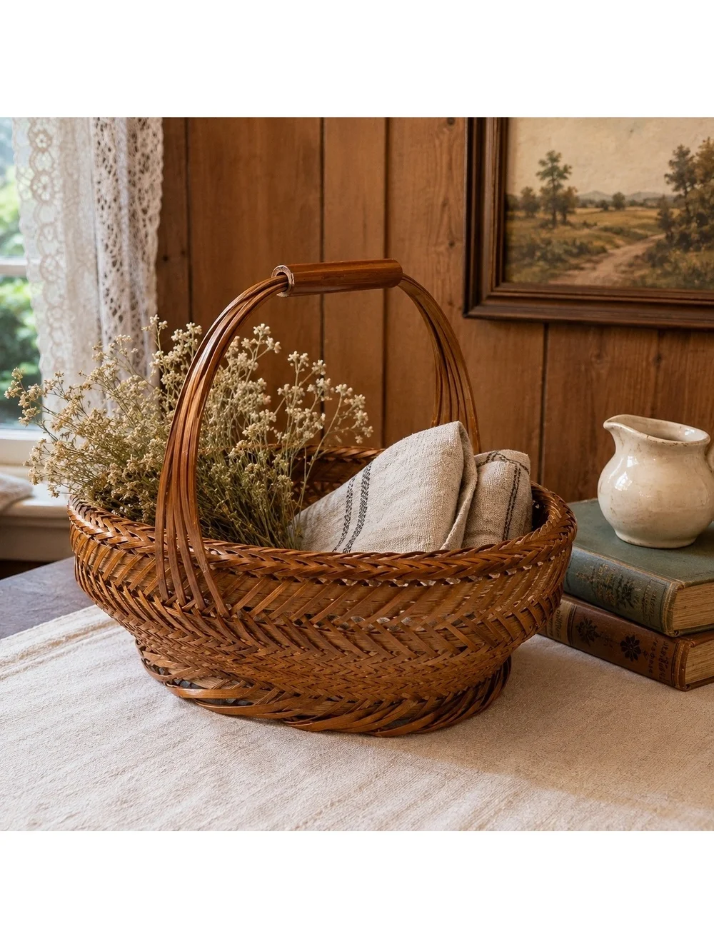 Vintage Woven Wicker Basket With Handle Oval Boho Cottage Farmhouse Decor